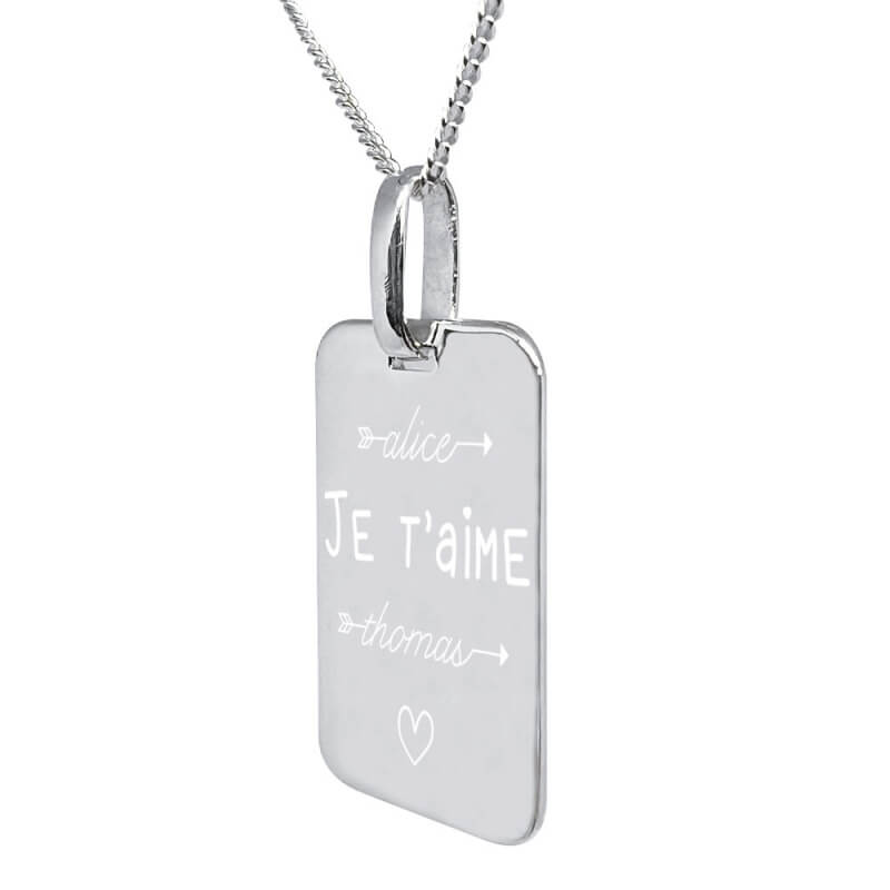 Collier rectangle moyen personnalisé chaîne et pendentif je t'aime avec la gravure de deux prénoms et d'une photo en argent 925