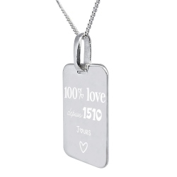 Collier rectangle moyen personnalisé chaîne et pendentif 100% love avec la gravure d'un message d'amour et d'une photo en argent