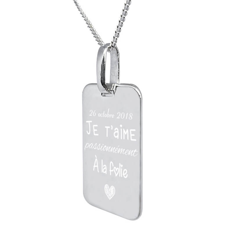 Collier rectangle moyen personnalisé chaîne et pendentif amour avec la gravure d'une date et d'une photo en argent 925