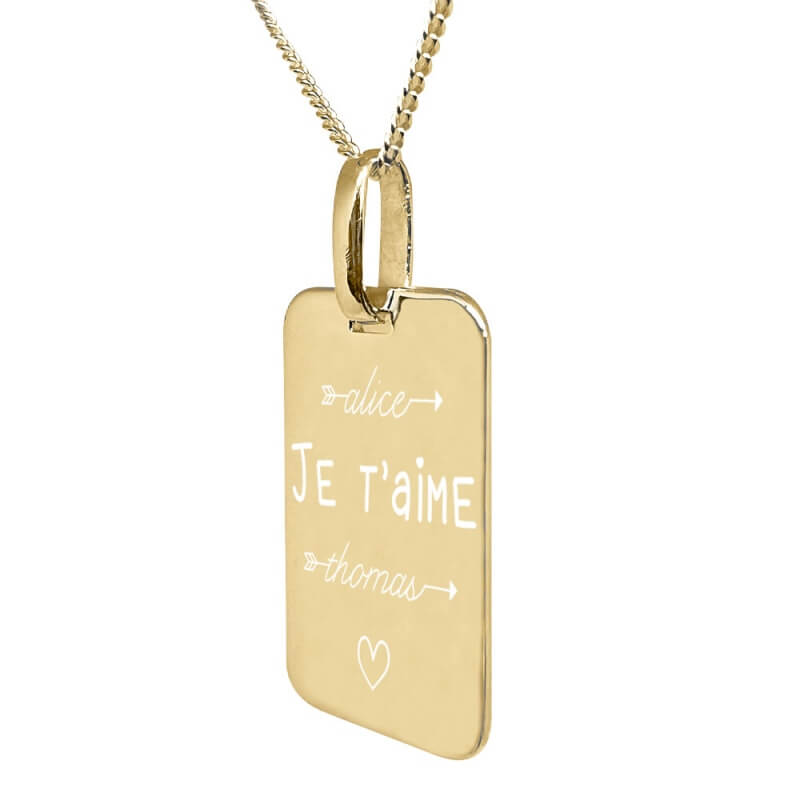 Collier rectangle moyen personnalisé chaîne et pendentif je t'aime avec la gravure de deux prénoms et d'une photo en plaqué or