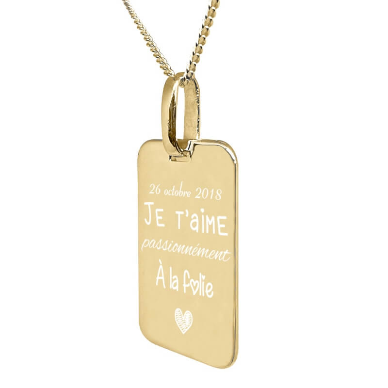 Collier rectangle moyen personnalisé chaîne et pendentif amour avec la gravure d'une date et d'une photo en plaqué or