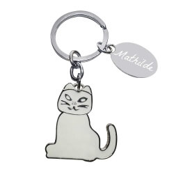 Porte clé prénom personnalisé avec une gravure et un chat en acier inoxydable
