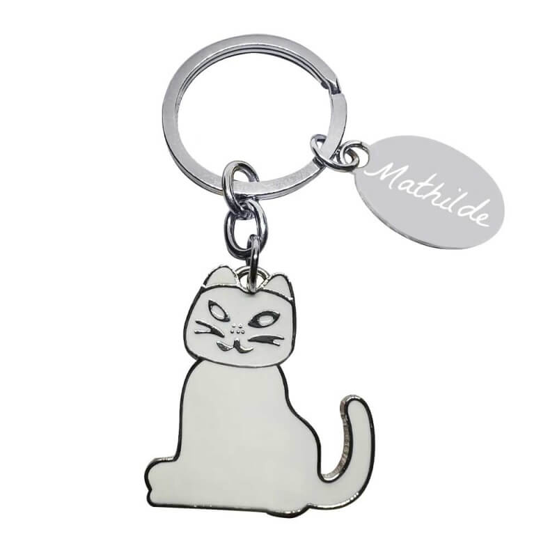 Porte clé prénom personnalisé avec une gravure et un chat en acier inoxydable