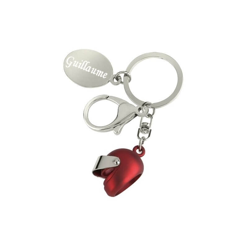 Porte clefs casque de moto rouge personnalisé avec une gravure