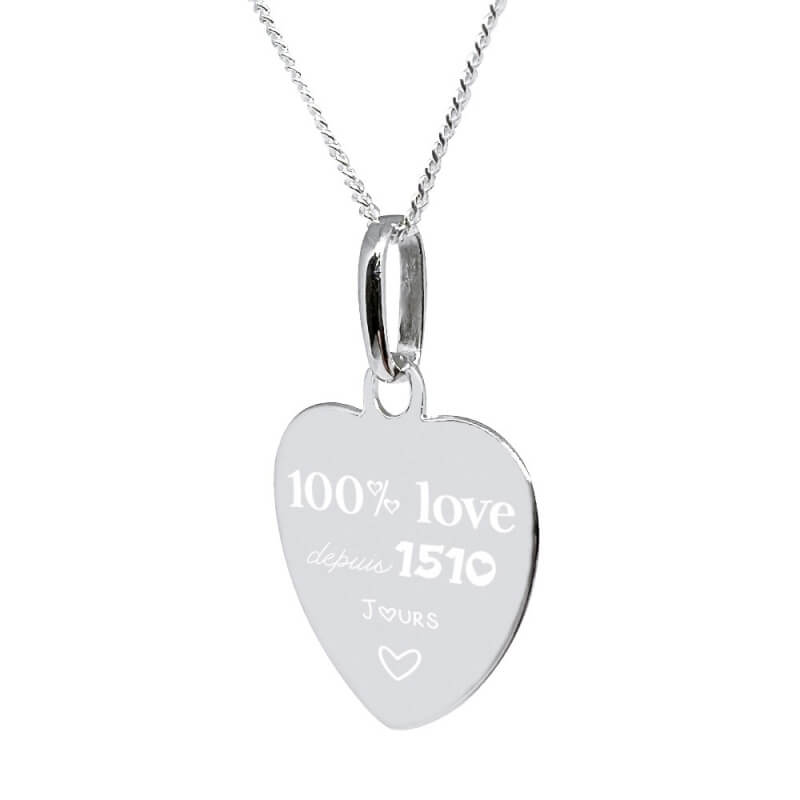 Collier personnalisé chaîne et pendentif 100% love avec la gravure d'un message d'amour et d'une photo en argent 925