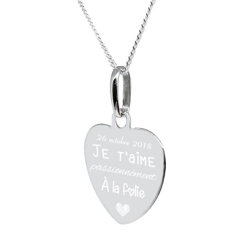Collier personnalisé chaîne et pendentif amour avec la gravure d'une date et d'une photo en argent 925