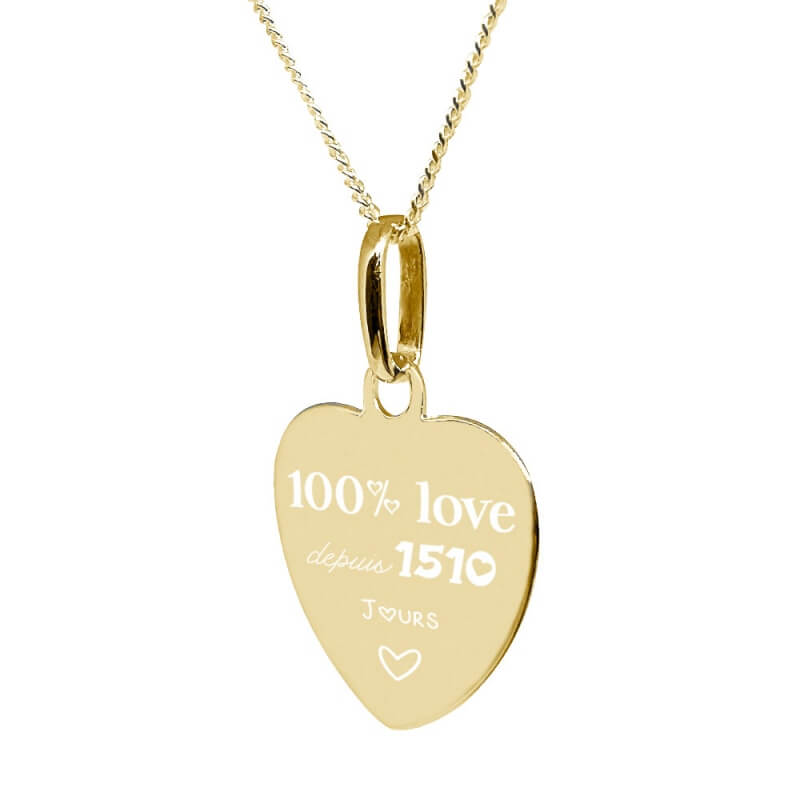 Collier personnalisé chaîne et pendentif 100% love avec la gravure d'un message d'amour et d'une photo en plaqué or